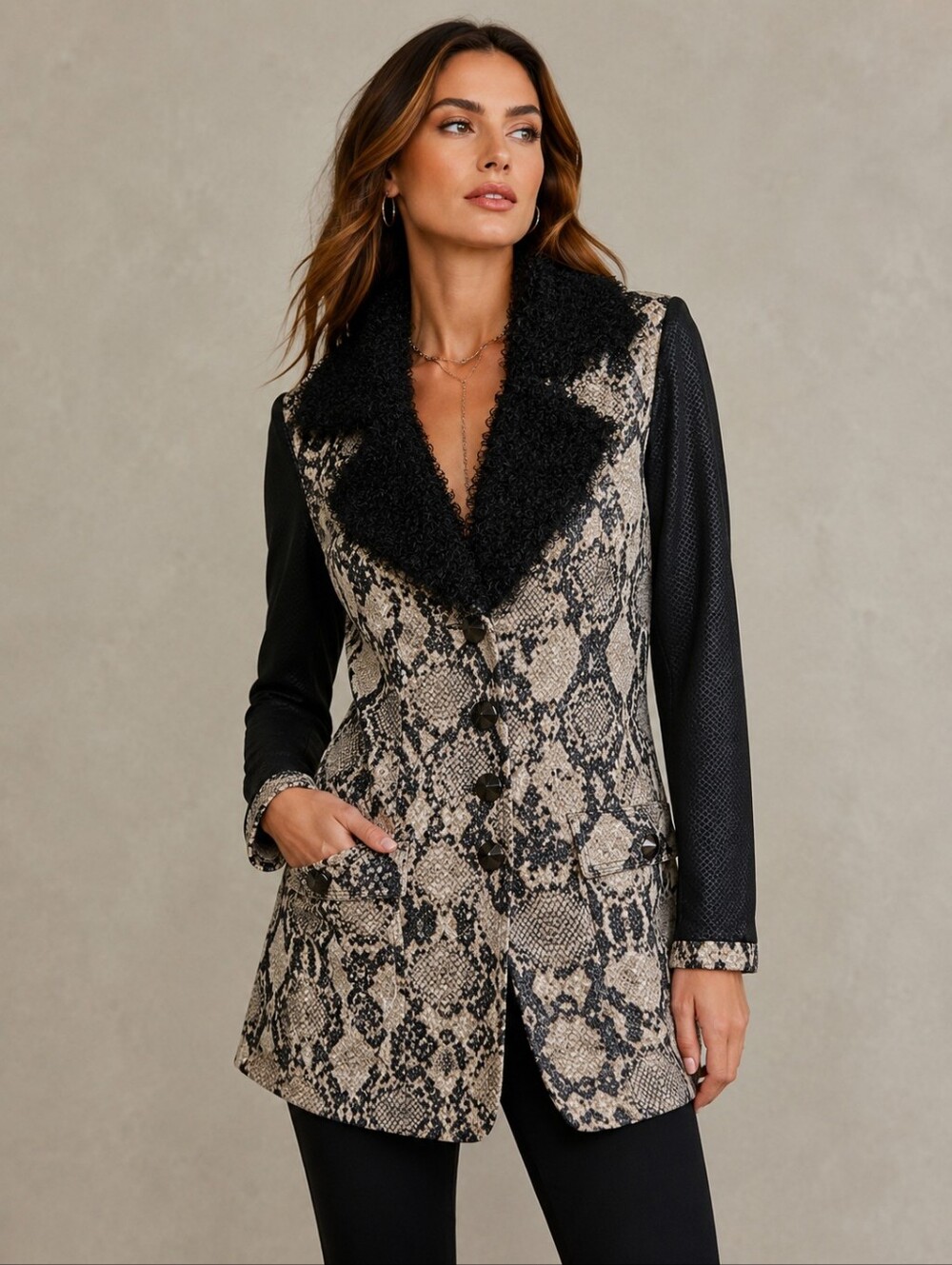Alberto Makali Faux Snakeskin & Curly Faux Fur Trim Longline Jacket Blazer Small